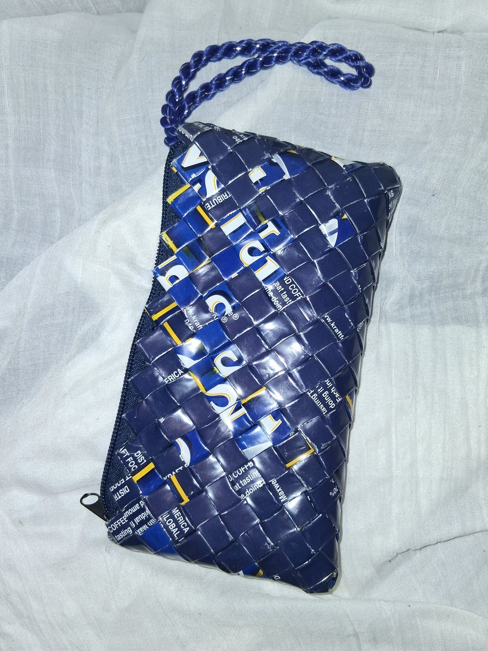 Blue Woven Coffee Bag Clutch Wristlet